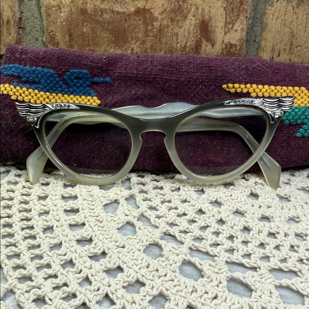 Vintage Cat-Eye greyish tone eye Glasses with Silver Accents & rhinestones